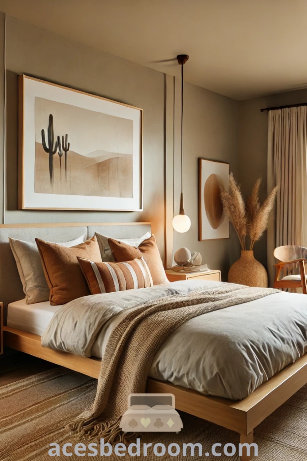 A cozy Japandi bedroom with a large bed, two stylish chairs, and a beautiful painting above it, showcasing parents room aesthetic ideas. This design inspires inviting decor ideas for a warm and sophisticated look, perfect for enhancing your home. Discover more design inspiration at acesbedroom.com.