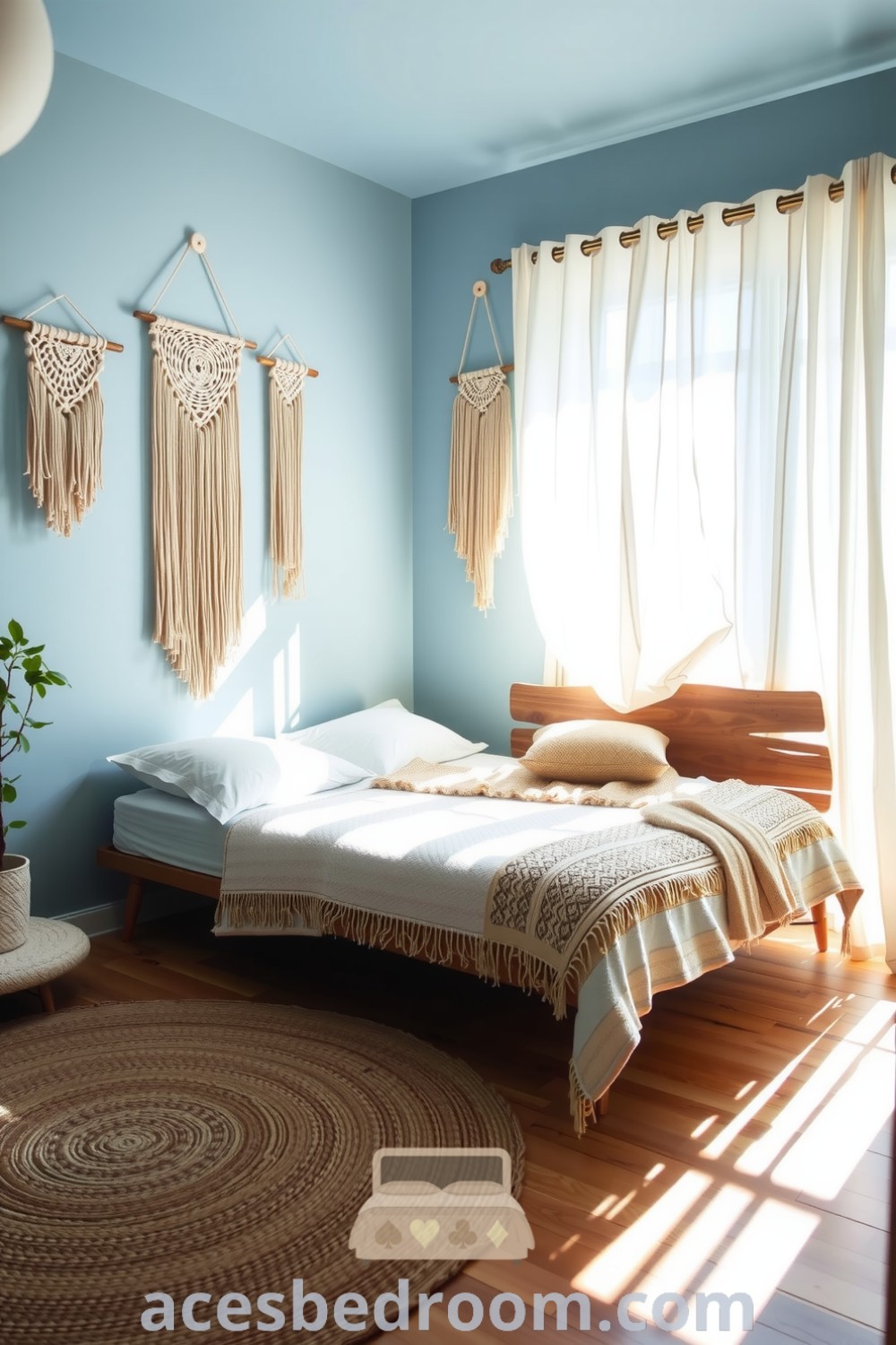 Cozy boho bedroom featuring soft blue walls, a mismatched wooden bed with a handmade cream and sand quilt, macramé wall hangings, and a jute rug, creating a warm and inviting atmosphere, showcased on acesbedroom.com.
