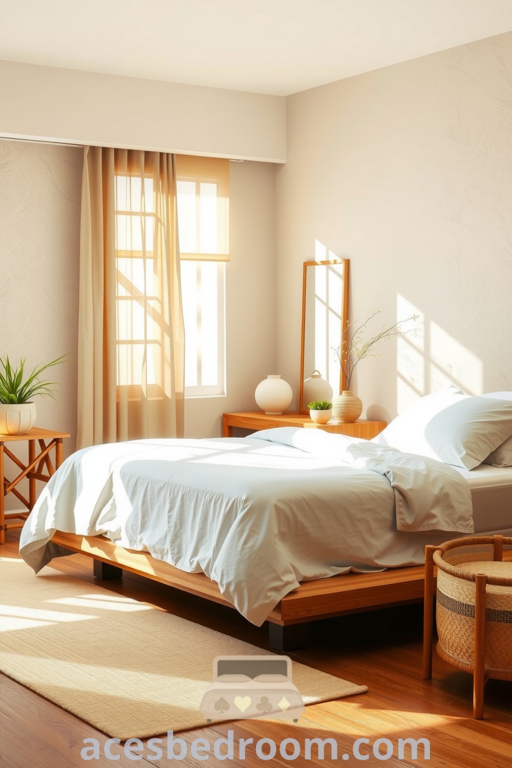 Cozy Japandi bedroom featuring a low wooden platform bed with soft linens, warm bamboo furniture, cheerful yellow accents, and plants in ceramic pots, designed to create a serene and inviting atmosphere for your home, showcased on acesbedroom.com.