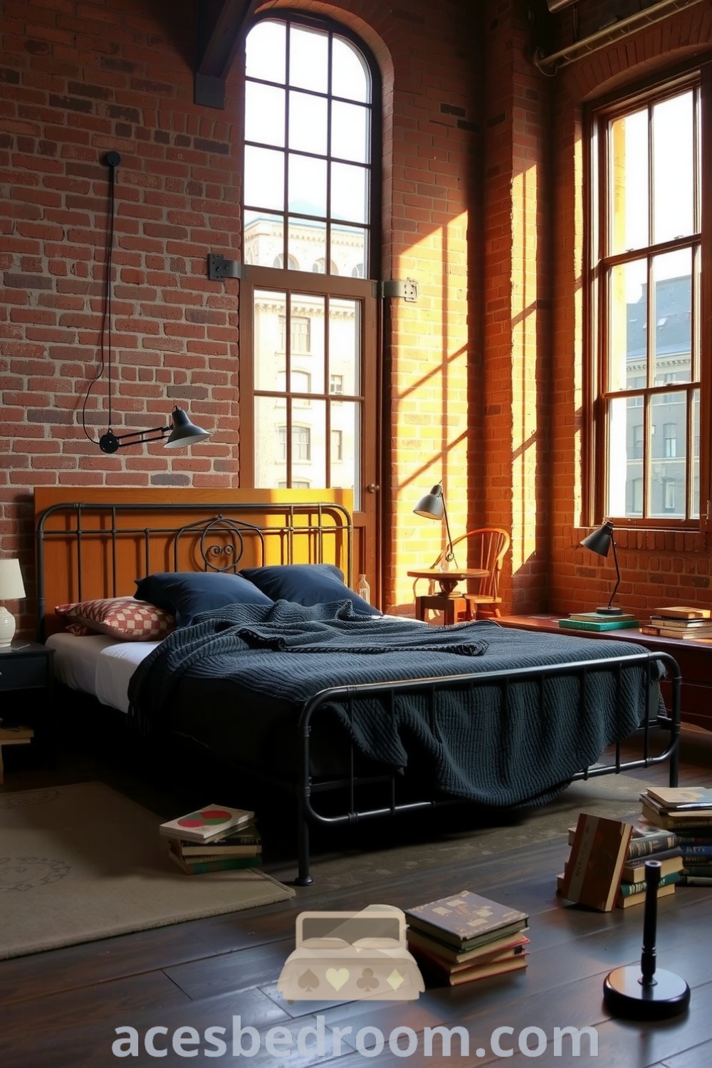 Cozy industrial bedroom with a black metal bed frame, wooden headboard, exposed brick walls, large windows, and a plush blanket, along with vintage books and a leather chair, creating a warm and inviting atmosphere, showcased on acesbedroom.com.