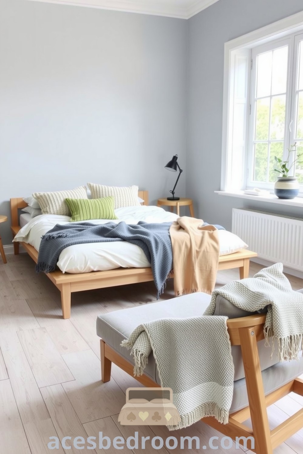 Cozy Scandinavian bedroom design featuring pale wood flooring, soft gray walls, a low-profile light wooden bed with white bedding, textured pillows, handcrafted furniture, woven textiles, and greenery, showcased on acesbedroom.com.