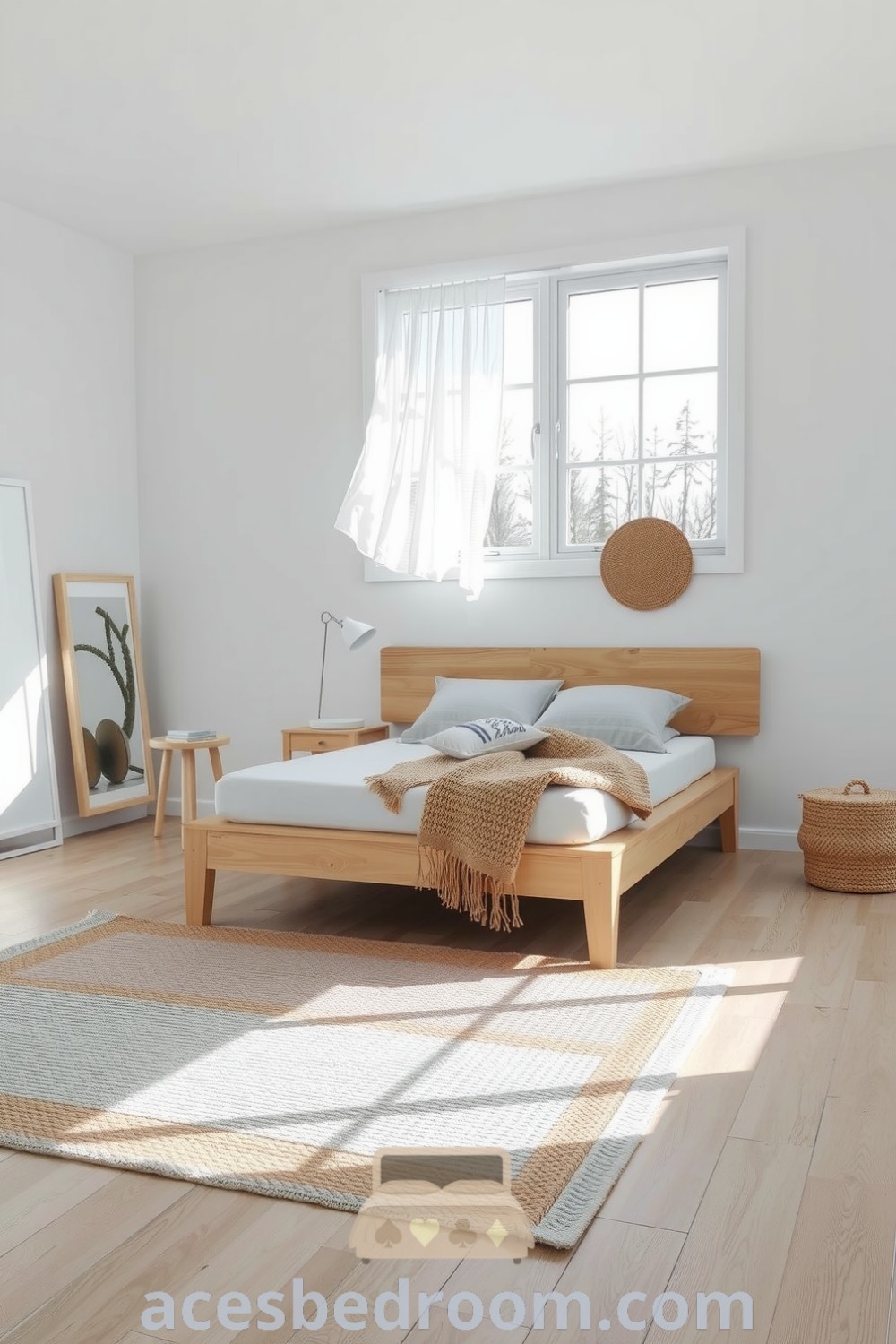 Cozy Scandinavian bedroom featuring light grays and whites, natural wood accents, thick-knit throw, and handmade rug, designed for a warm and sophisticated look, showcased on acesbedroom.com.