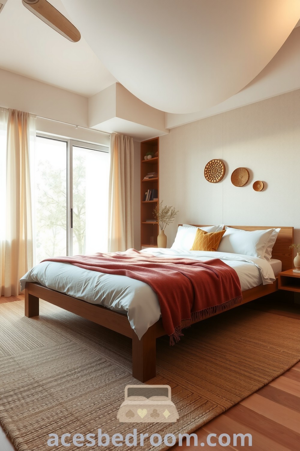 Cozy Japandi bedroom featuring a brown wooden bed frame, neutral linens, handcrafted decor, textured walls, and a woven rug, designed for a warm and sophisticated look, bringing calming vibes to your home, showcased on acesbedroom.com.