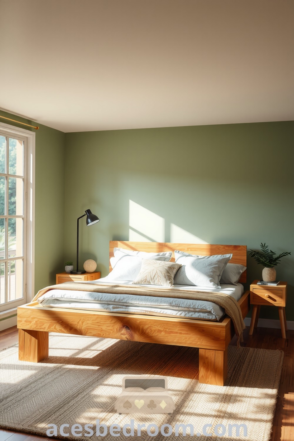 Cozy nature bedroom featuring earthy greens and browns, reclaimed wooden bed, overstuffed leaf-pattern pillows, large windows, woven jute rug, and potted plants, offering decor ideas for a serene and calming space, showcased on acesbedroom.com.