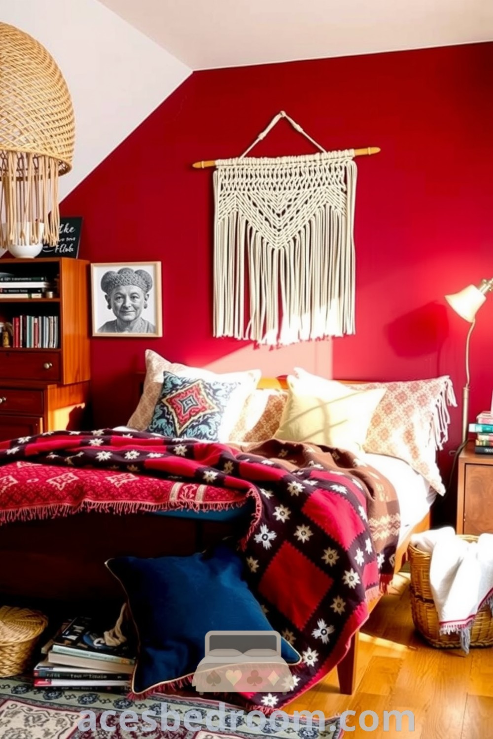 Cozy boho bedroom featuring warm red walls, a wooden bed with patterned throws and cushions, a macramé wall hanging, wicker baskets for storage, and a rattan lamp, creating an inviting and relaxed atmosphere, showcased on acesbedroom.com.