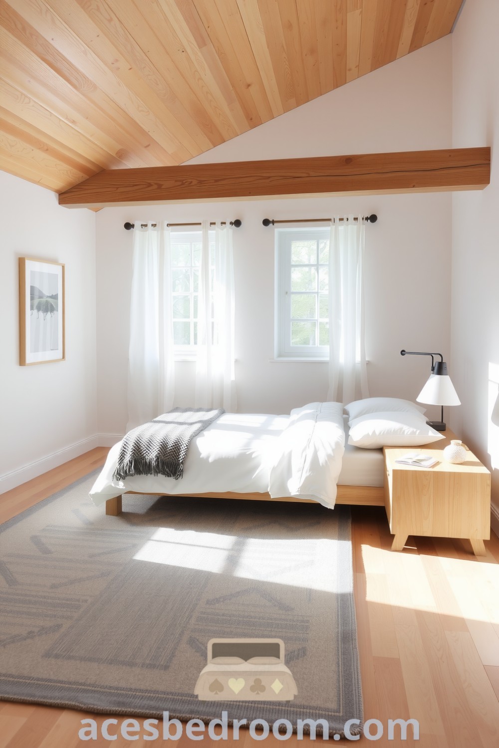 Cozy Scandinavian bedroom featuring natural wood beams, a minimalist design, a simple wooden bed with white linens, a cozy knit throw, a muted gray rug, and large windows with sheer curtains, designed for a warm and tranquil aesthetic, showcased on acesbedroom.com.