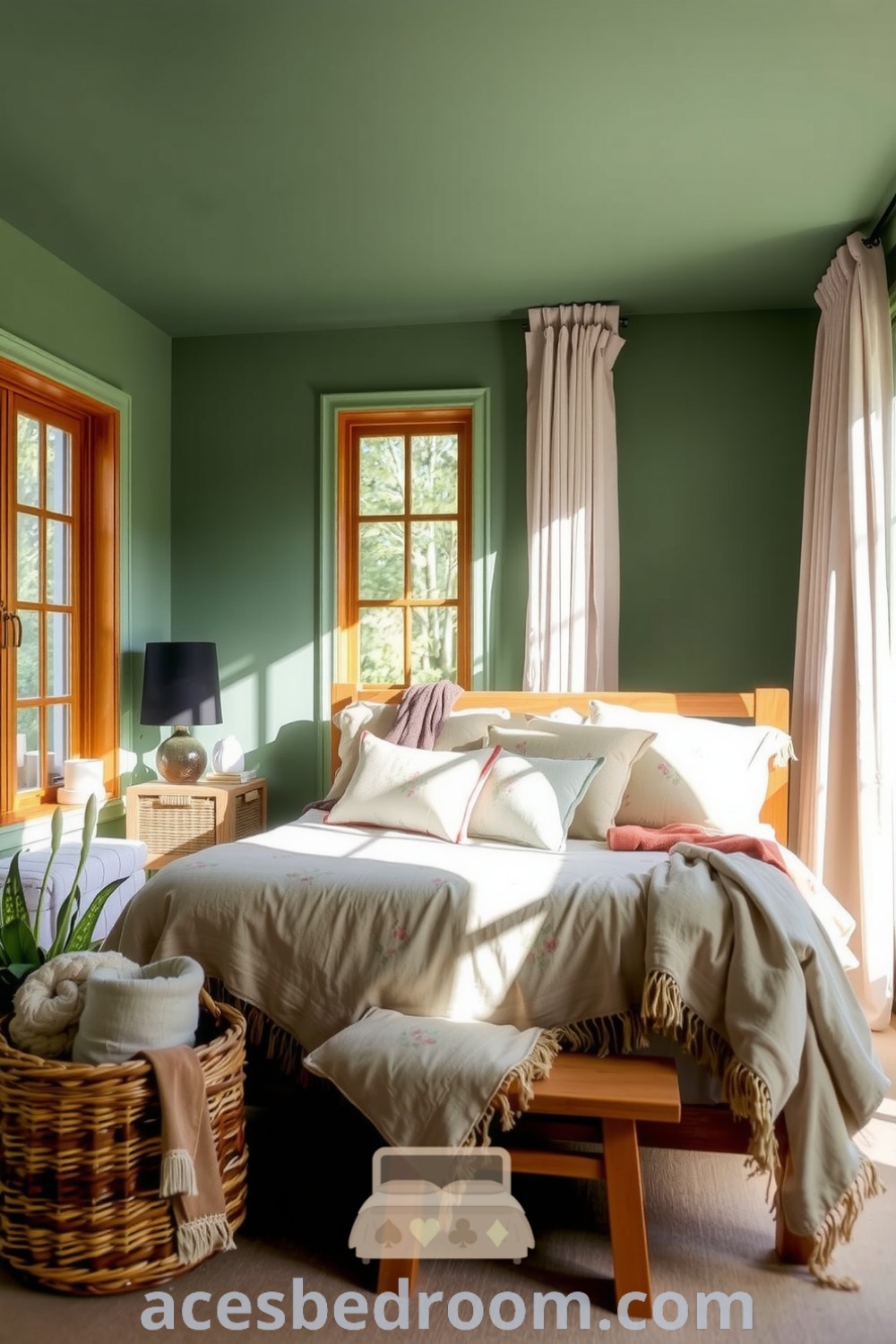 Cozy bedroom designed with soft green walls, rustic oak furniture, and natural fiber bedding, filled with earthy tones and subtle floral patterns, featuring a serene ambiance with sunlight streaming through sheer curtains, presented on acesbedroom.com.