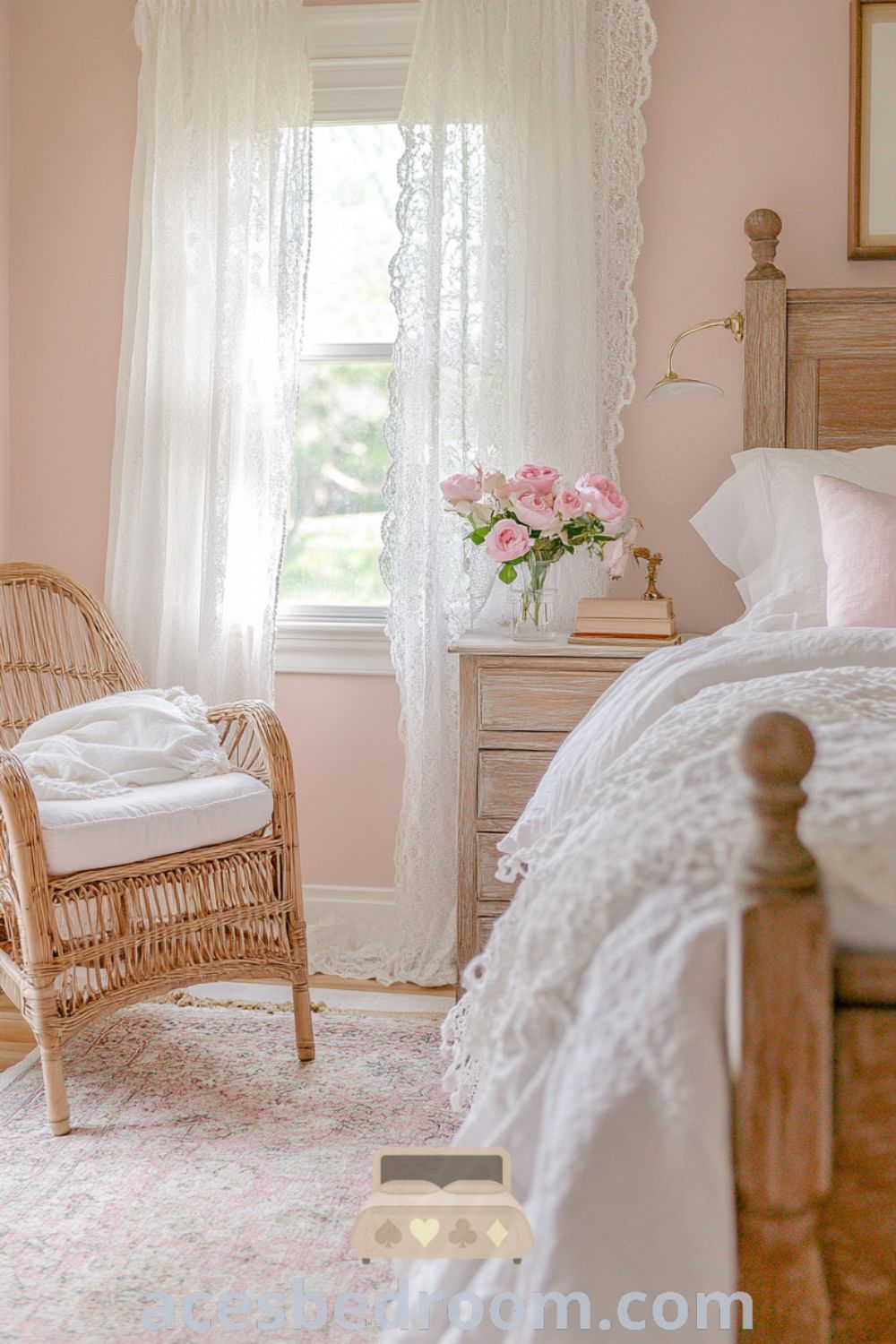 Cozy French country bedroom with soft pink walls, distressed oak furniture, fluffy white duvet with blush roses, wicker chair, and antique rug, showcasing stylish and inviting decor ideas for a warm and sophisticated look on acesbedroom.com.