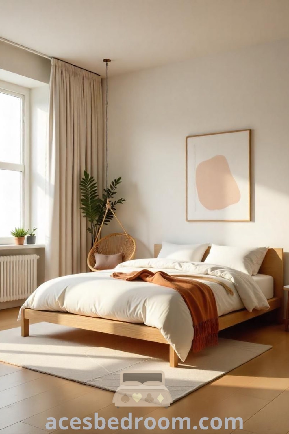 A cozy bedroom with a bed placed next to a window, complemented by a plant on top and layered curtains, creating a stylish and inviting atmosphere. Discover more decor ideas at acesbedroom.com.