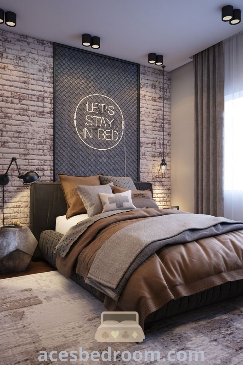 An industrial bedroom with brick walls, a large bed, and stylish decor ideas from acesbedroom.com. Featuring minimalist industrial design elements, this bedroom offers cozy inspirations and functional décor that enhance the aesthetic for a warm and sophisticated look.