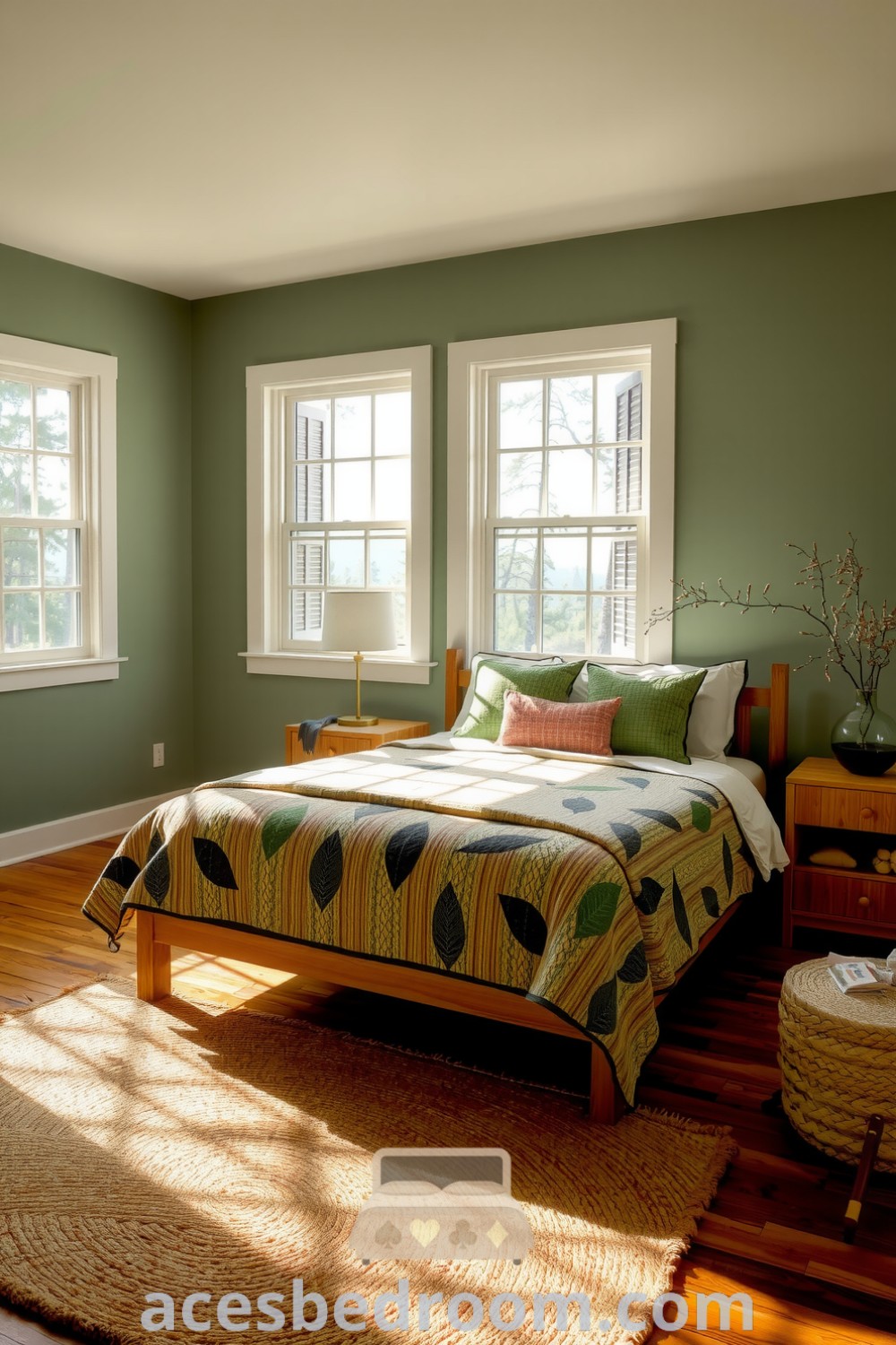 Cozy Nature Bedroom with soft green walls, a wooden bed frame, leaf-patterned quilt, and nature-inspired decor, designed to create a serene and inviting atmosphere, featured on acesbedroom.com.