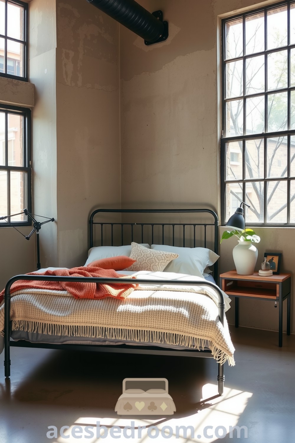 Cozy urban industrial bedroom featuring a beige color palette, dark metal bed frame, textured pillows, reclaimed wood nightstand, and factory-style windows, designed to inspire a warm and sophisticated look, showcased on acesbedroom.com.