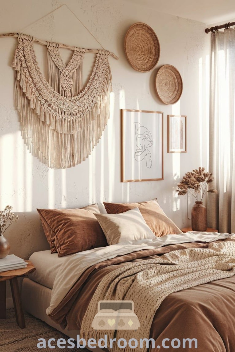 A boho bedroom with a large bed, filled with pillows and dressed in curtains, showcasing cozy decor ideas and wall inspirations. This stylish space offers unique design ideas, perfect for those seeking a warm and inspiring atmosphere. Explore more at acesbedroom.com.