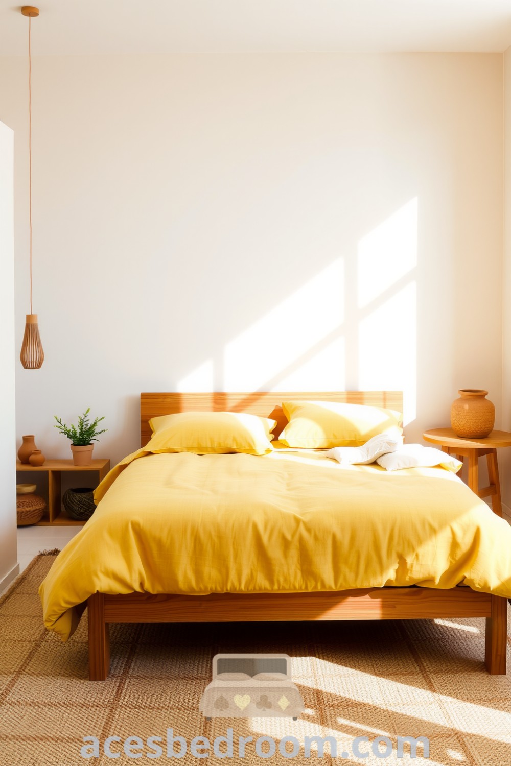 Cozy Japandi bedroom featuring a sleek wooden bed with a soft yellow quilt, rough-textured clay pots, potted plants, light beige walls, and a jute rug, creating a warm and inviting atmosphere, showcased on acesbedroom.com.