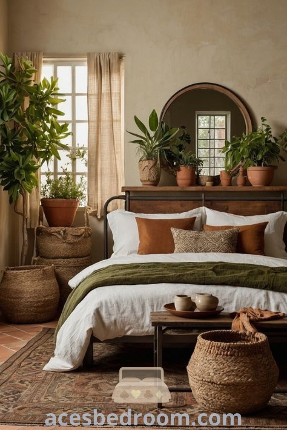 A cozy bedroom with potted plants on the walls and a comfortable bed, showcasing earth tones and a bougie boho decor style. This inspiring space offers design ideas that promote warmth and tranquility, perfect for your home. Discover more creative decor ideas at acesbedroom.com.