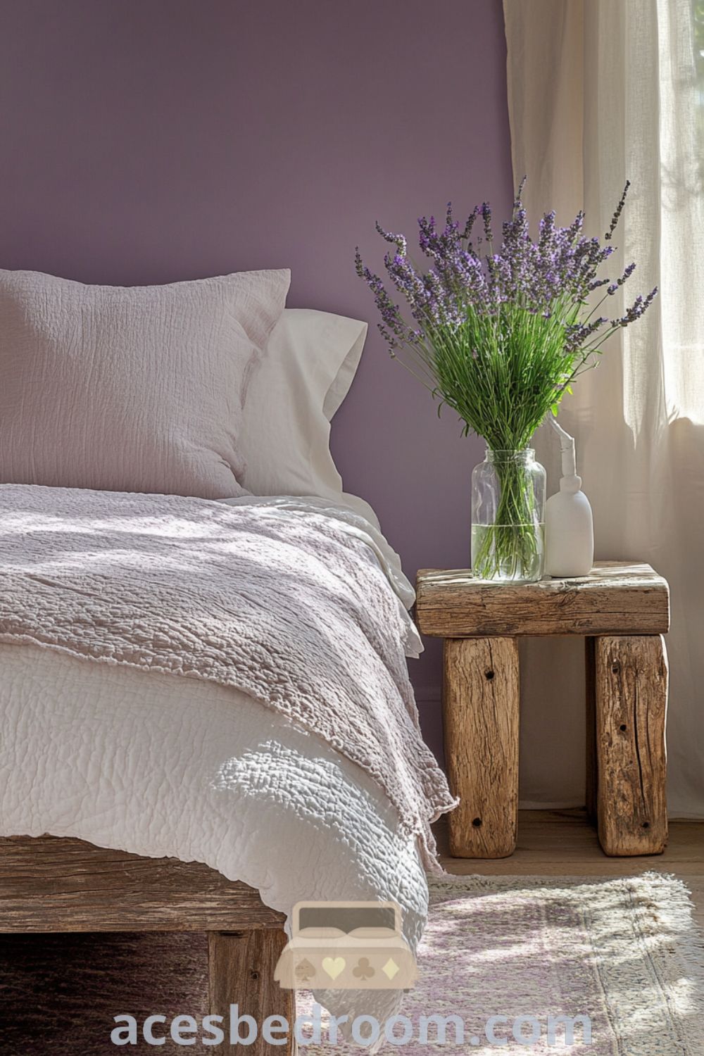 Cozy French Country Bedroom on acesbedroom.com featuring rich purple walls, rustic wooden elements, cozy decor ideas, and unique inspirations for a warm and sophisticated look.