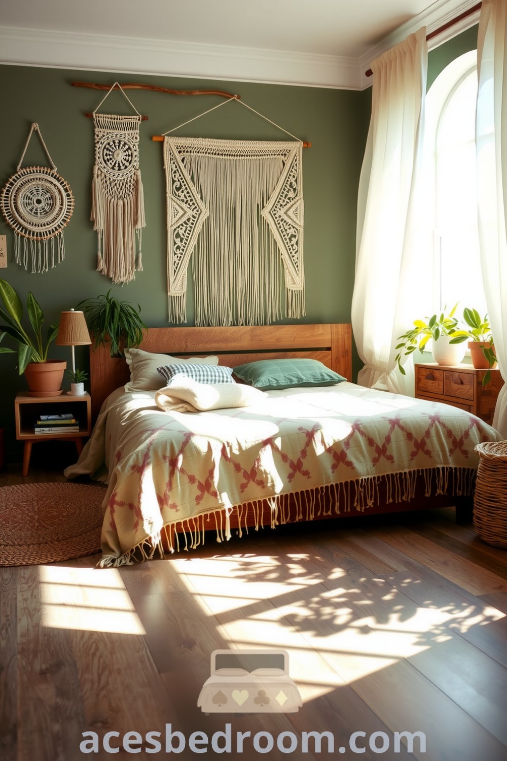 Cozy Bohemian bedroom featuring a weathered wooden bed frame, soft patterned quilt, macramé wall hangings, potted plants, and sunlight filtering through gauzy curtains, creating a tranquil retreat, showcased on acesbedroom.com.