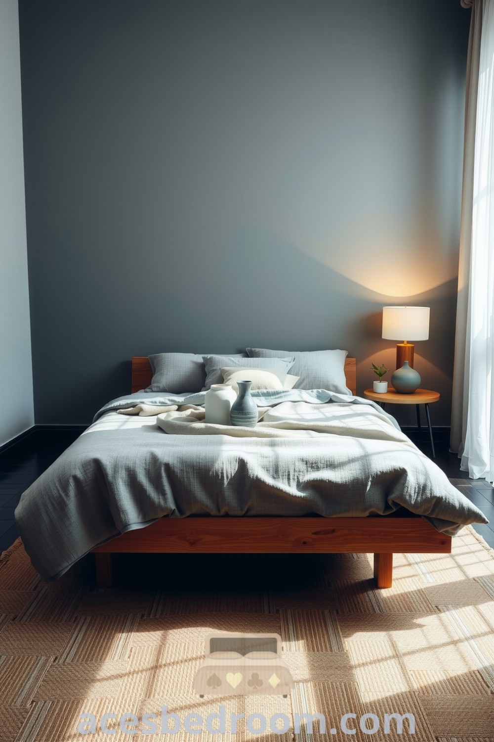 Cozy Japandi bedroom featuring grey walls, a wooden platform bed, textured duvet, handcrafted ceramics, and a jute rug, creating a serene and inviting atmosphere, showcased on acesbedroom.com.