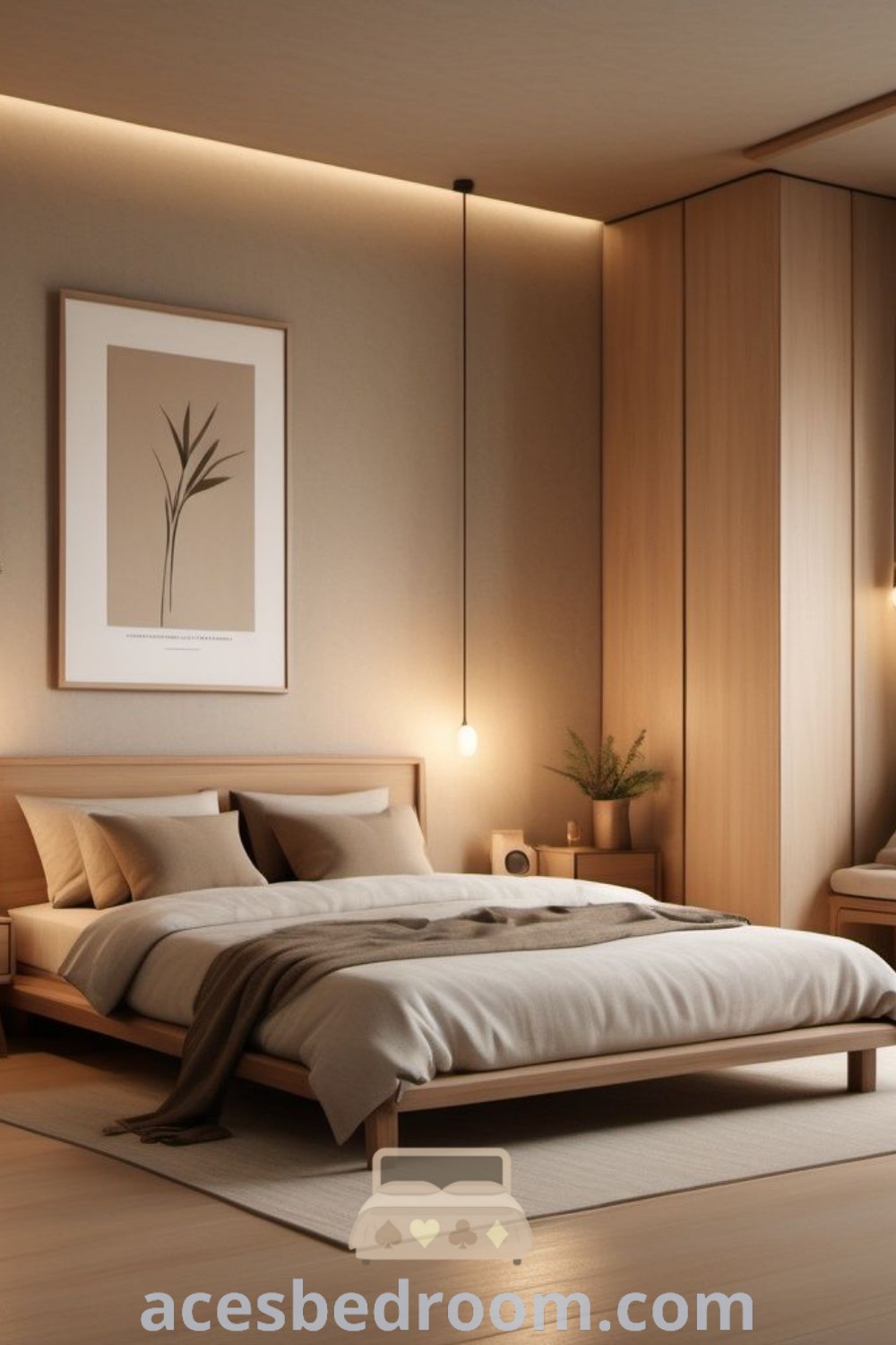 A cozy Japandi minimalist bedroom featuring a large bed, wooden walls, and stylish chairs. This serene design illustrates a perfect blend of Japanese and Scandinavian influences, offering cozy ideas and inspiring decor inspirations. Discover stylish ideas for your home at acesbedroom.com.