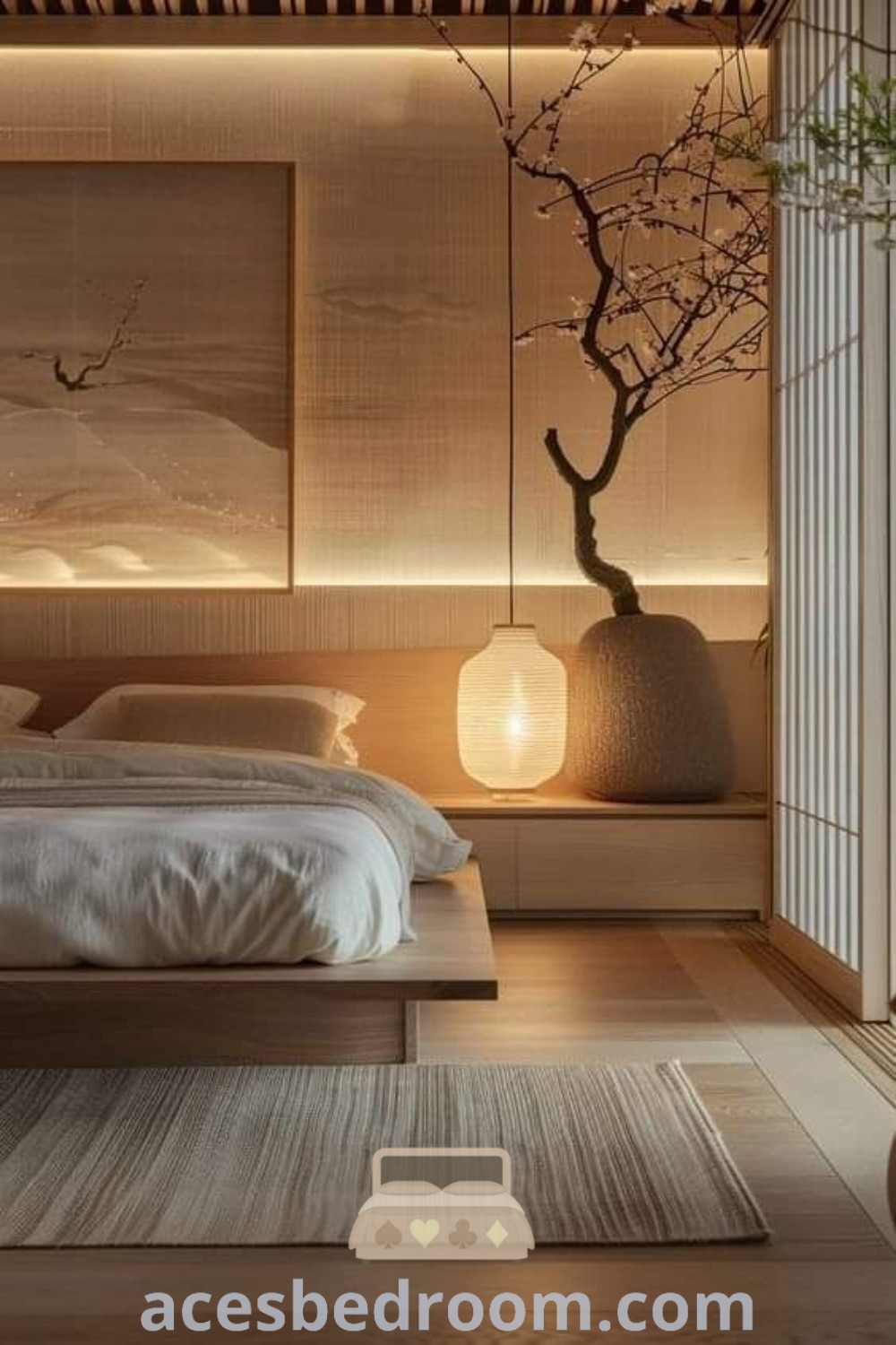 A stylish Japandi bedroom featuring neutral colors with vibrant accents, showcasing cozy ideas and unique decor inspirations. The design promotes a warm and sophisticated look, perfect for creating a restful haven. Discover more inspiring Japandi interior design tips at acesbedroom.com.