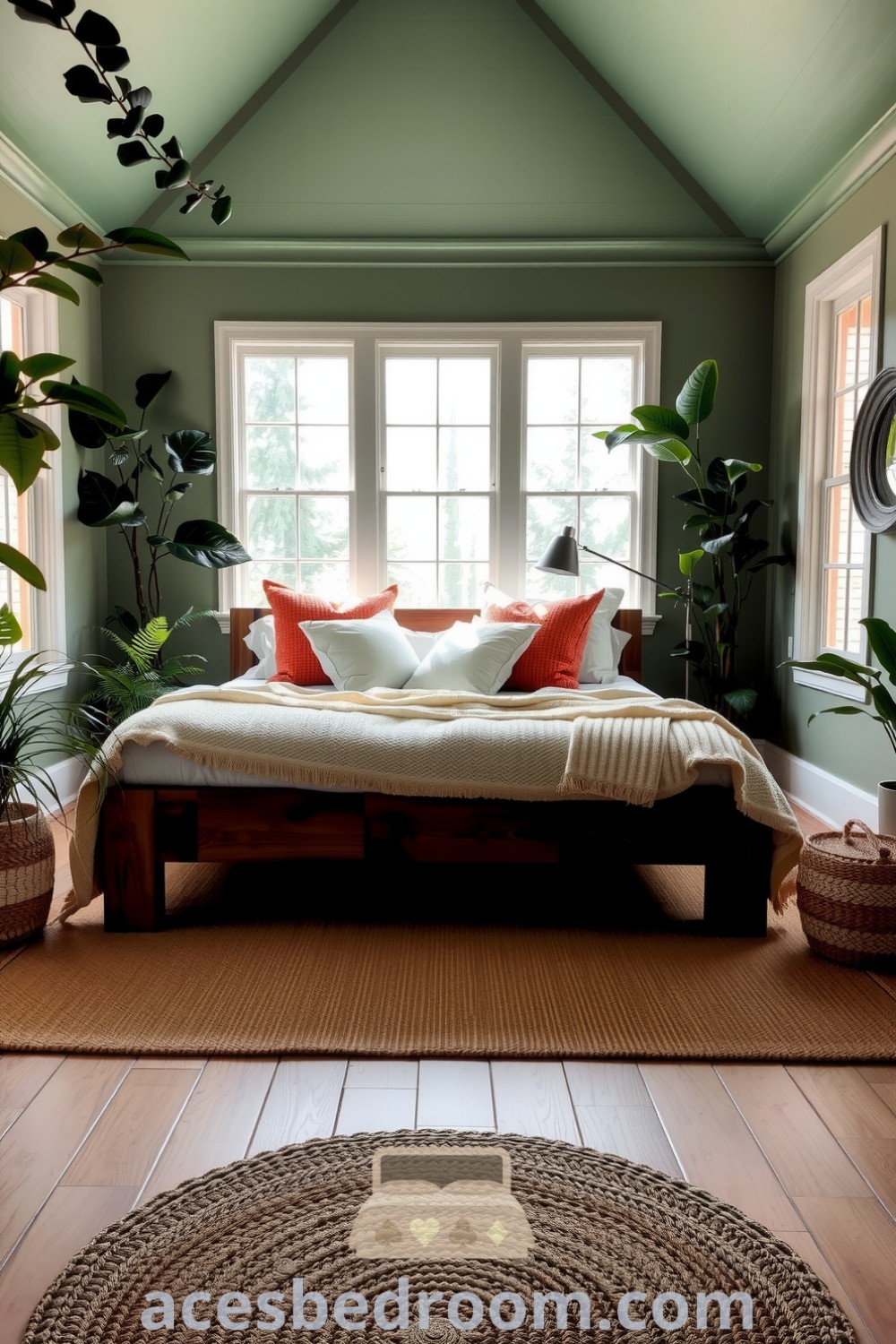 Cozy nature-inspired bedroom featuring soft green walls, a reclaimed wood bed frame with a knitted blanket and plush pillows, large windows with natural light, and potted plants for a fresh atmosphere, presented on acesbedroom.com.