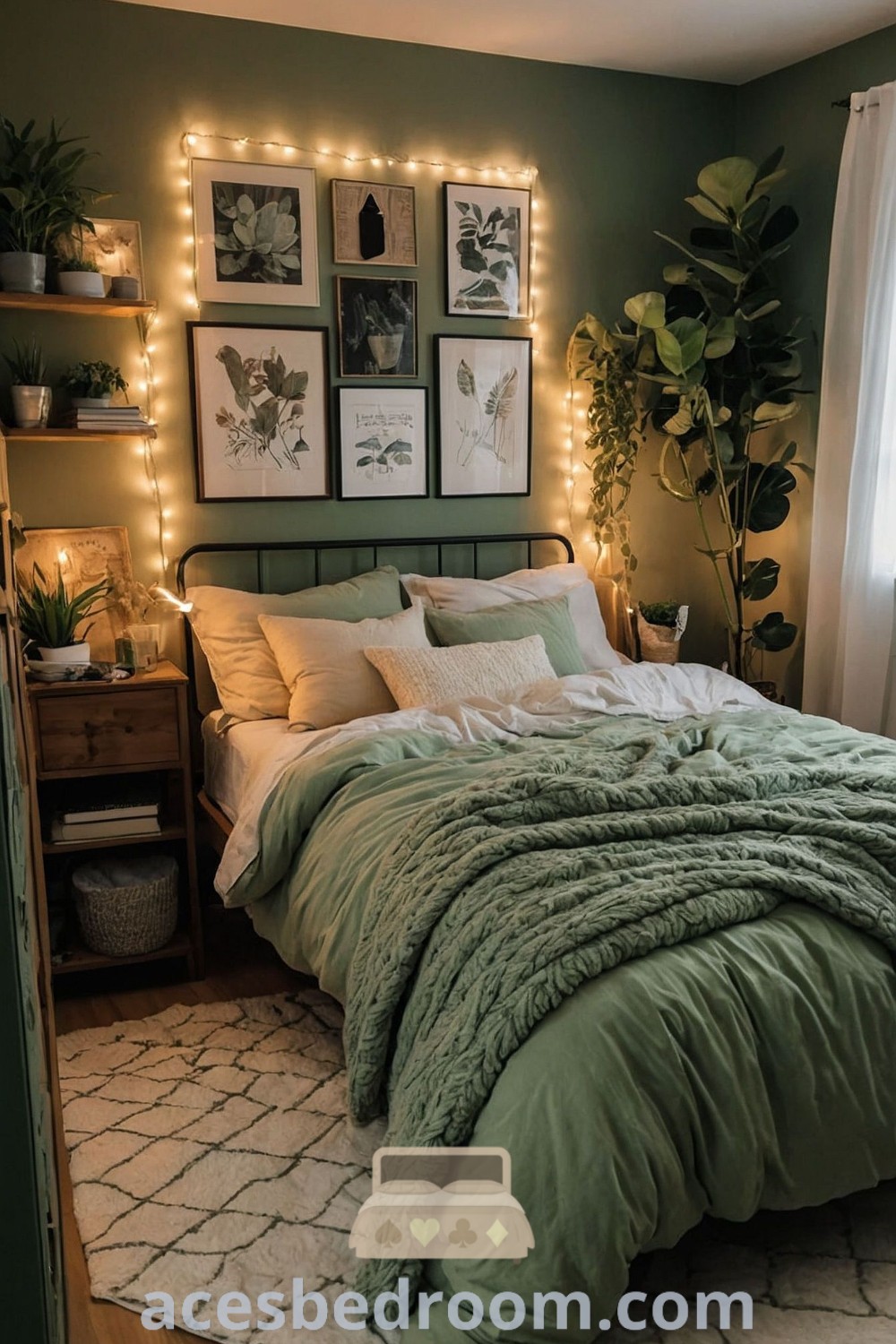 A cozy bedroom with green walls and captivating pictures above the bed, featuring trendy gray and green color schemes. This space offers inspiring decor ideas for relaxation and stylish aesthetics, showcasing unique sage green bedroom inspirations. Discover more creative design ideas at acesbedroom.com.
