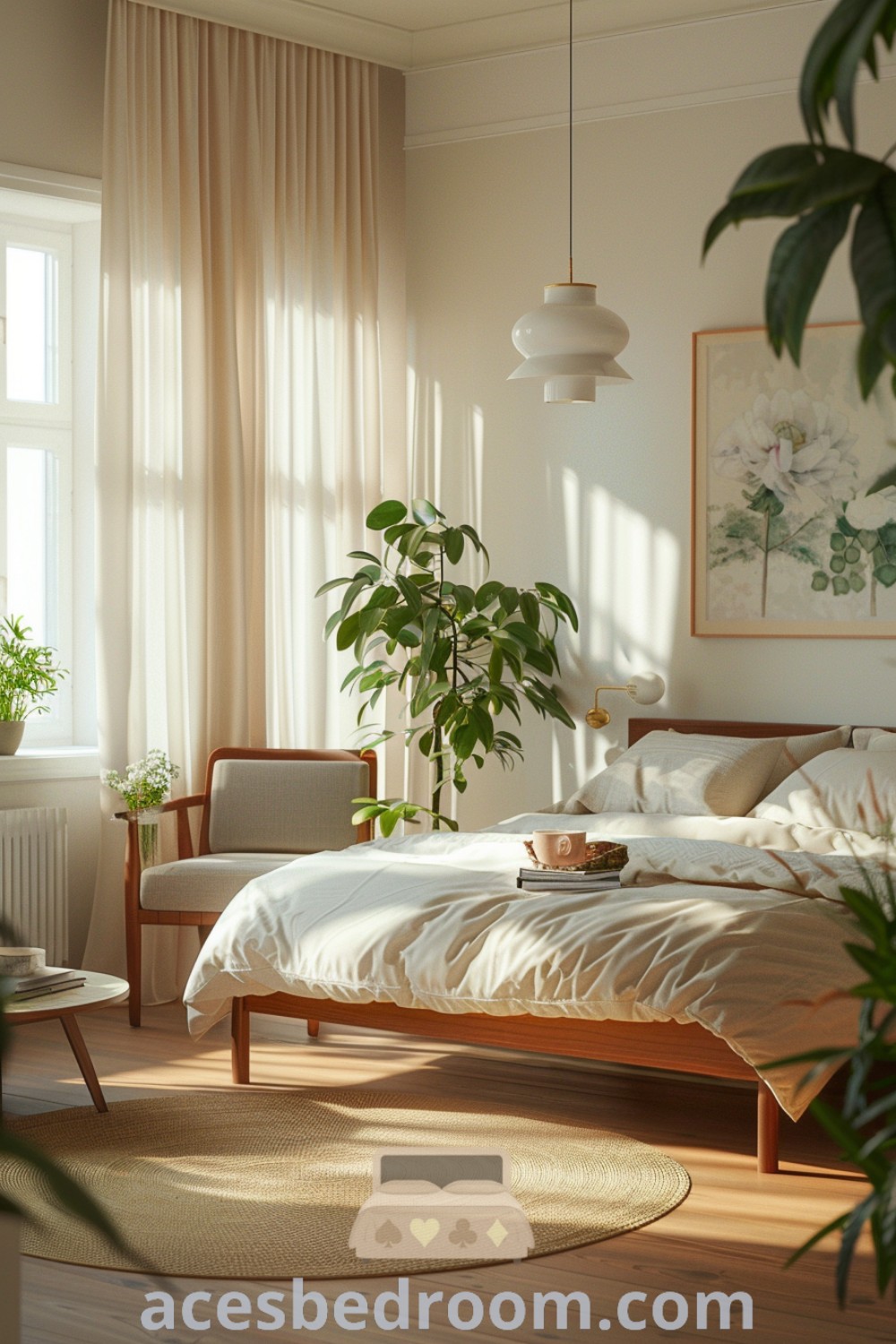A cozy minimalist bedroom featuring a double bed with white linens and a beige bedspread, surrounded by lush green plants and a wooden chair. The well-lit space emphasizes natural light and a calm aesthetic, with a vintage-inspired lamp adding a touch of charm. Explore styles and inspirations for a stylish and inviting bedroom at acesbedroom.com.