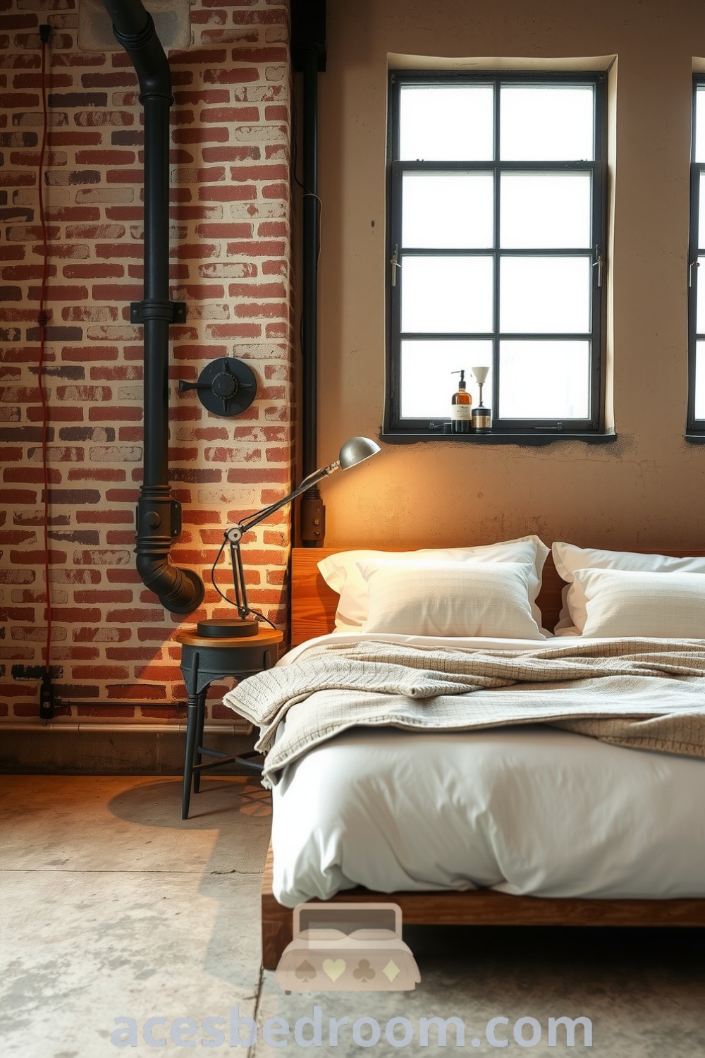 Cozy industrial bedroom featuring exposed brick walls, a distressed wooden bed frame with soft beige linens, a vintage metal lamp, and large factory-style windows, creating a warm and inviting atmosphere for a stylish retreat, featured on acesbedroom.com.