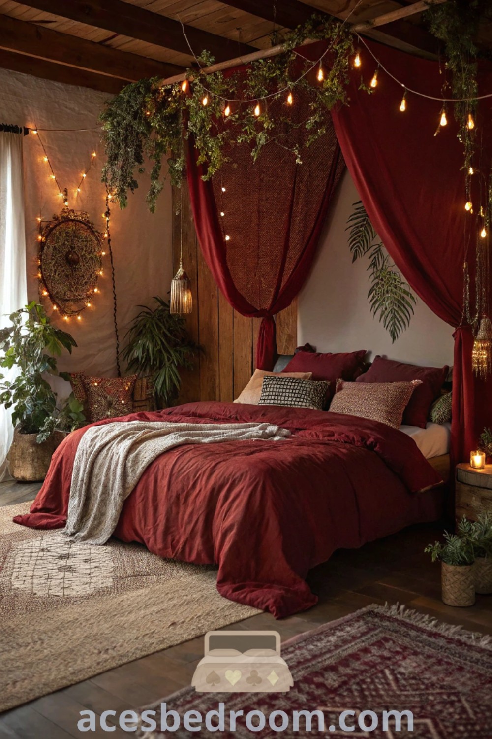 A cozy bedroom with red bedding, warm lighting, and potted plants on the wall, showcasing a unique blend of green and red decor ideas. This red and green room encapsulates the cozy home aesthetic, offering inspiring bedroom color schemes and stylish designs. Find more ideas at acesbedroom.com.
