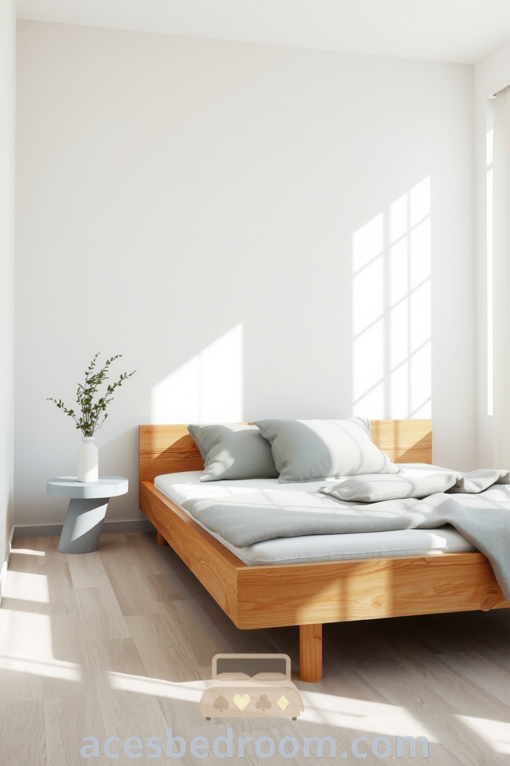Cozy minimalist bedroom in soothing grey tones featuring a reclaimed wood bed, crisp white duvet, subtle grey pillows, and a small concrete side table with greenery, designed to inspire a warm and sophisticated look, showcased on acesbedroom.com.