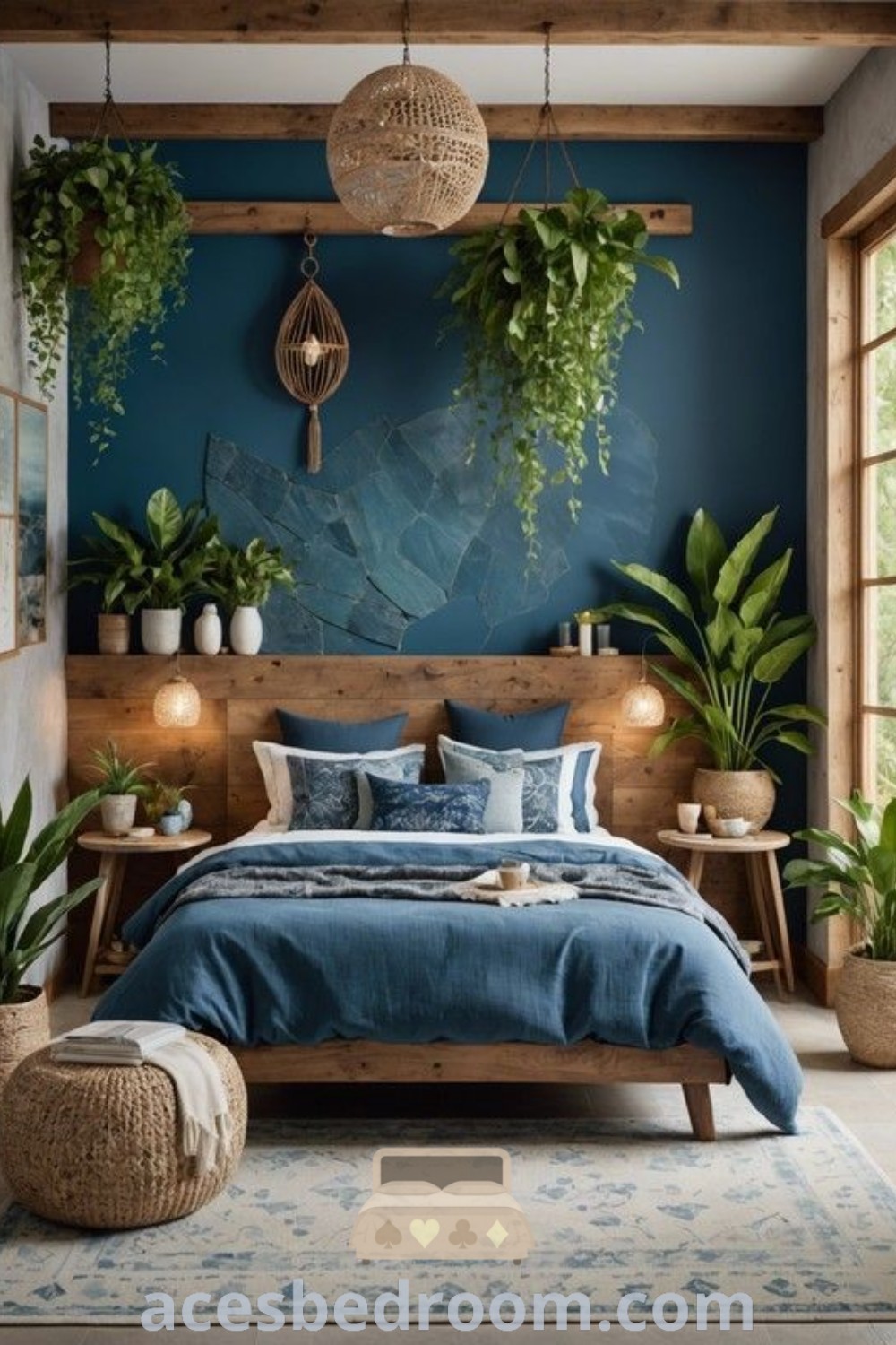 A cozy bohemian bedroom featuring blue walls and decorative plants, showcasing stylish decor ideas and inspirations for a blue bedroom aesthetic. This inviting space offers unique design ideas for your home, perfect for creating a warm and sophisticated look. Explore more inspirations at acesbedroom.com.