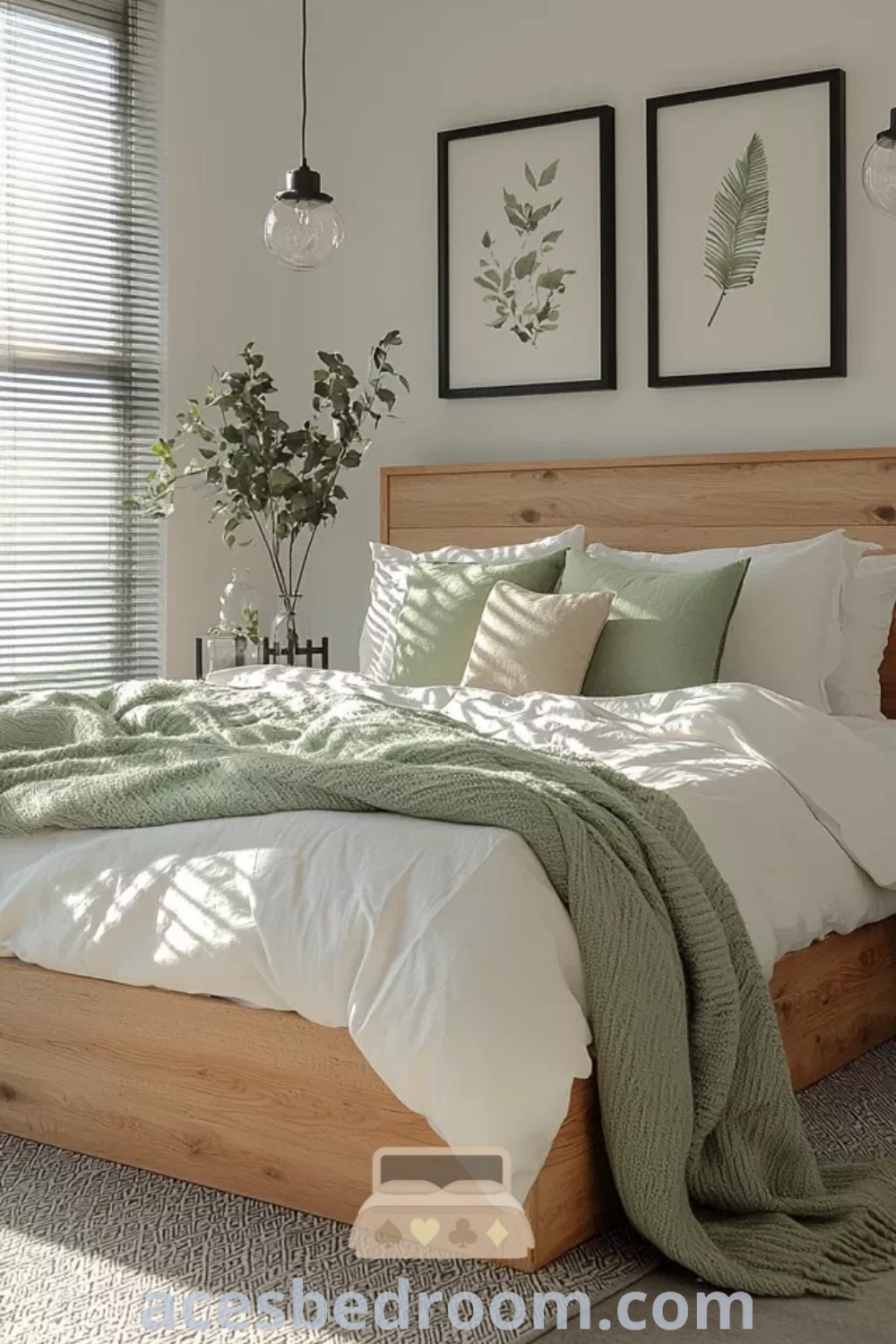 A cozy bedroom featuring a large bed next to a window adorned with two pictures, showcasing bright minimalist designs and cozy decor ideas. This tranquil space offers stylish inspirations for creating a warm and sophisticated atmosphere. Explore more design ideas at acesbedroom.com.