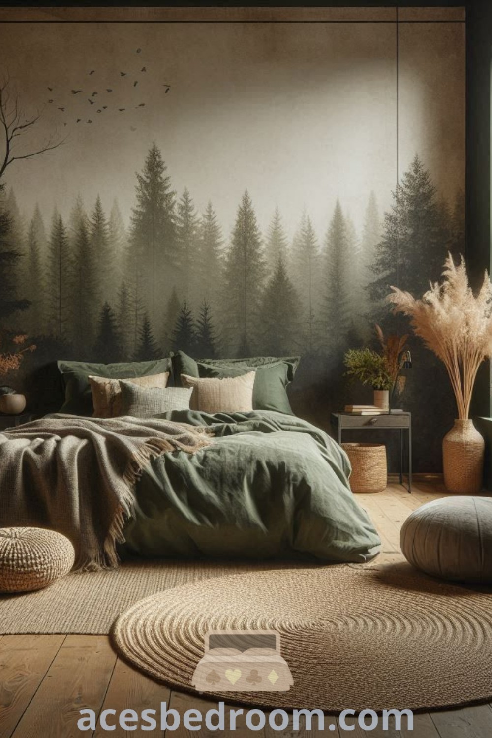 A cozy bedroom with a Misty Forest wallpaper accent wall next to a bed and round rug, showcasing stylish decor ideas such as forest green boho elements and woodsy modern design. This space offers inviting inspirations for a warm and sophisticated look, perfect for creating a calming atmosphere. Explore more design ideas at acesbedroom.com.