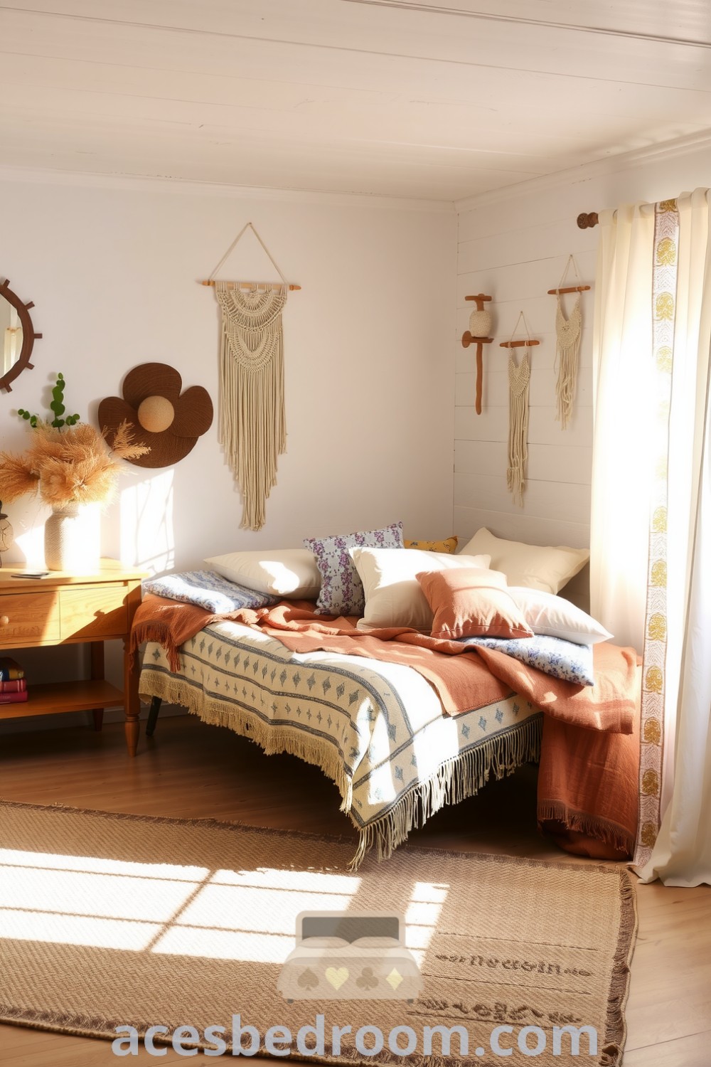Cozy Boho bedroom featuring white-washed walls, layered bedding with patterned pillows, a woven rug, dried flowers in a rustic vase, and macramé wall hangings, designed for a serene and inviting atmosphere, showcased on acesbedroom.com.