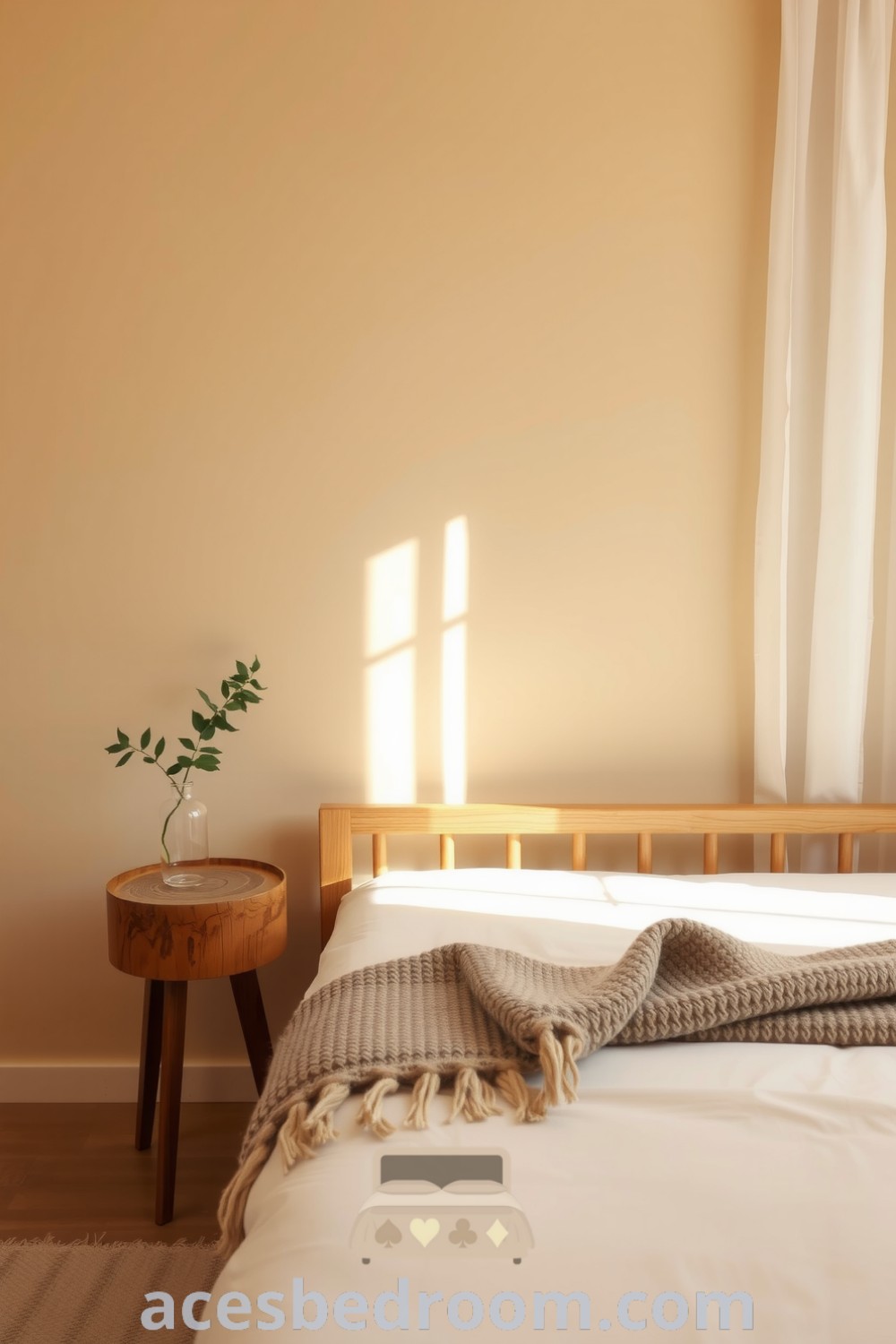 Cozy minimalist bedroom with beige walls, a wooden bed frame, soft linens, a wool blanket, and a rustic nightstand with a vase of greenery, creating a serene atmosphere, presented on acesbedroom.com.