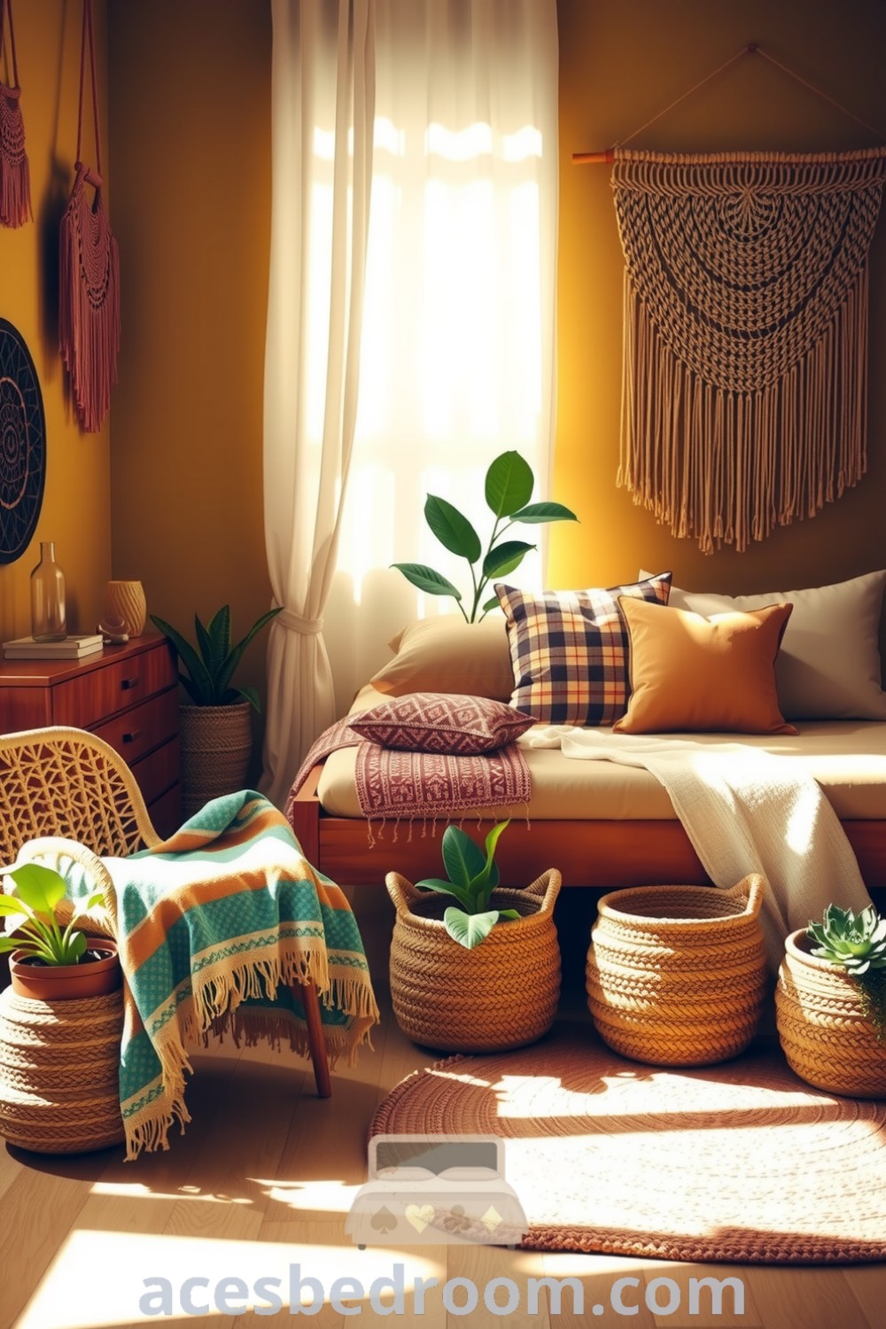 Cozy boho bedroom with warm yellow tones, textured macramé wall hangings, a cozy layered bed, a rattan chair, and vibrant greenery, creating a serene and inviting atmosphere, showcased on acesbedroom.com.