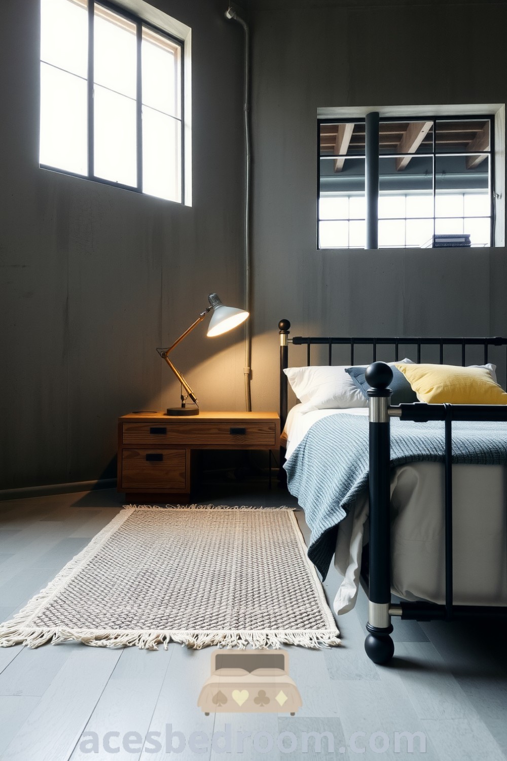 Cozy industrial bedroom featuring grey concrete walls, a metal-framed bed, an unpolished wooden nightstand with a vintage lamp, and large windows for natural light, highlighted with a woven rug, presented on acesbedroom.com.