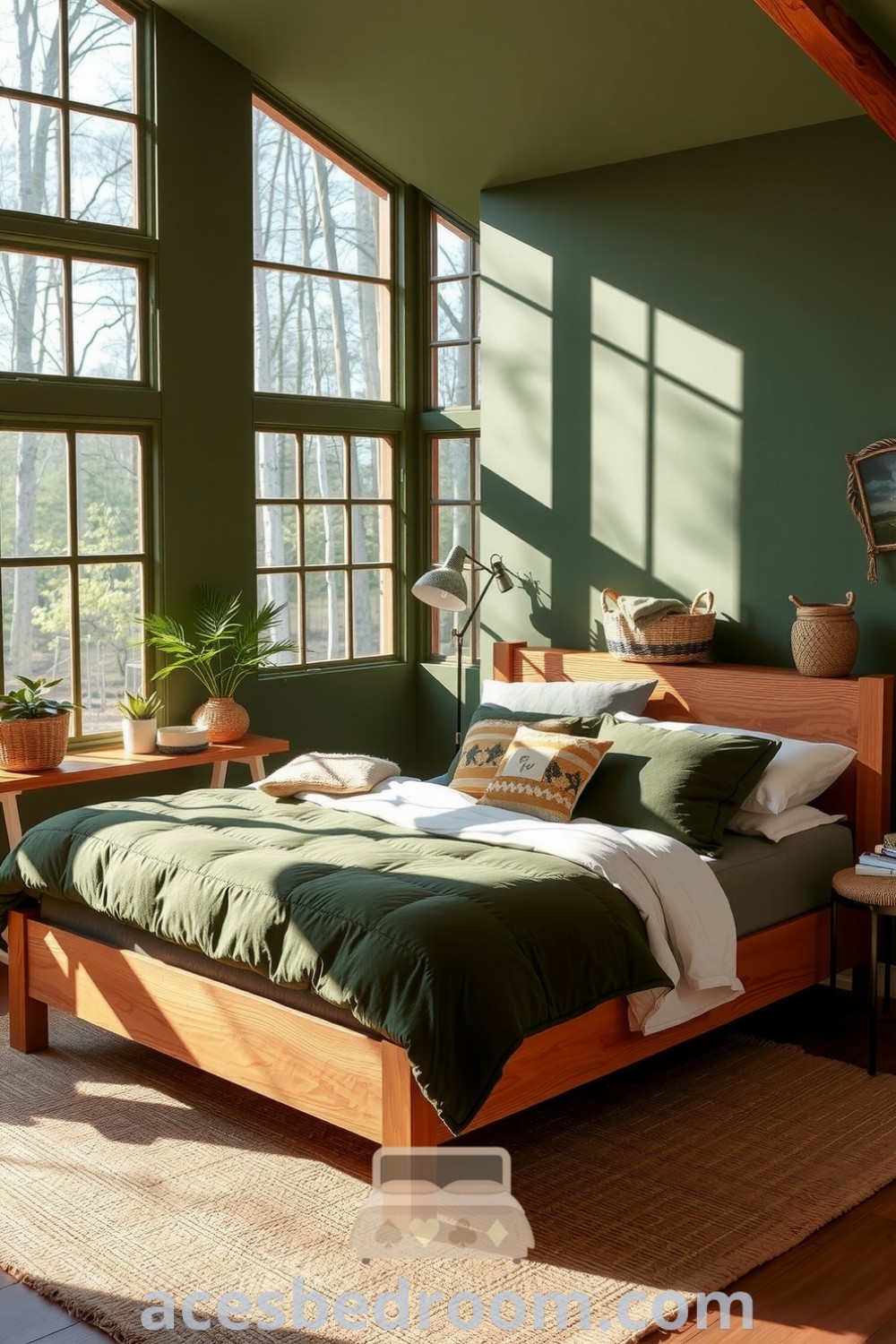 Cozy nature-inspired bedroom with leafy green walls, sturdy oak bed frame, plush moss-colored duvet, rustic decor elements like woven baskets and potted plants, and abundant sunlight filtering through large windows, showcased on acesbedroom.com.