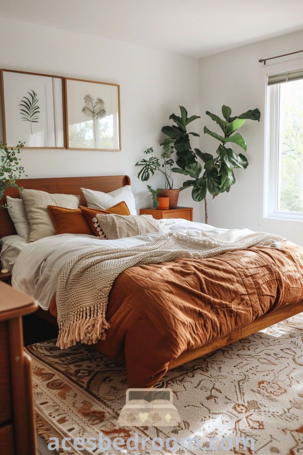 A cozy earth tone bedroom showcasing a stylish platform bed, lush plants, and a soft rug, designed to inspire unique apartment decor styles. This inviting space features terracotta and white accents, ideal for a warm and sophisticated look. Explore more inspiring decor ideas for your home at acesbedroom.com.