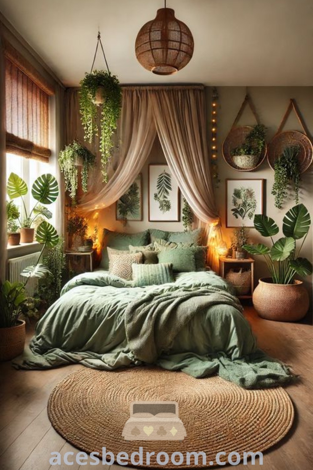A cozy rustic boho bedroom with plants hanging from the ceiling and a round rug, showcasing vintage apartment decor and eclectic vintage styles. This room offers inspiring design ideas for a warm, inviting aesthetic, perfect for anyone seeking boho inspirations. Explore more decor ideas at acesbedroom.com.