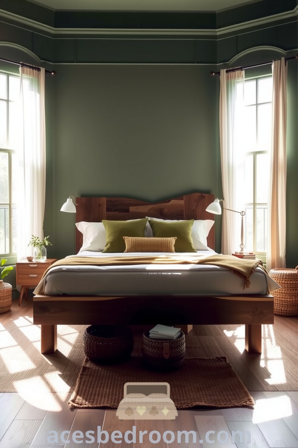 Cozy nature-inspired bedroom featuring soft green walls, a reclaimed wood bed frame, light beige linens, mossy green throw pillows, and a handwoven jute rug, with sunlight filtering through sheer curtains, promoted on acesbedroom.com.