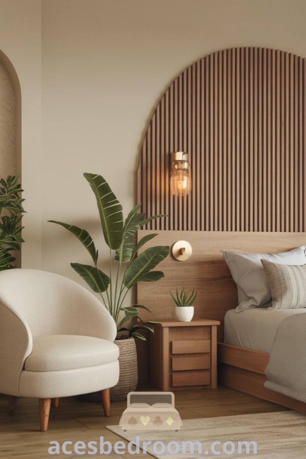 A modern wood bedroom with a neatly made bed, a stylish chair, and a potted plant, showcasing a cozy aesthetic. This design reflects white and earth tone bedroom ideas, offering unique wooden bed designs for a warm and inspiring space. Find more decor inspirations at acesbedroom.com.