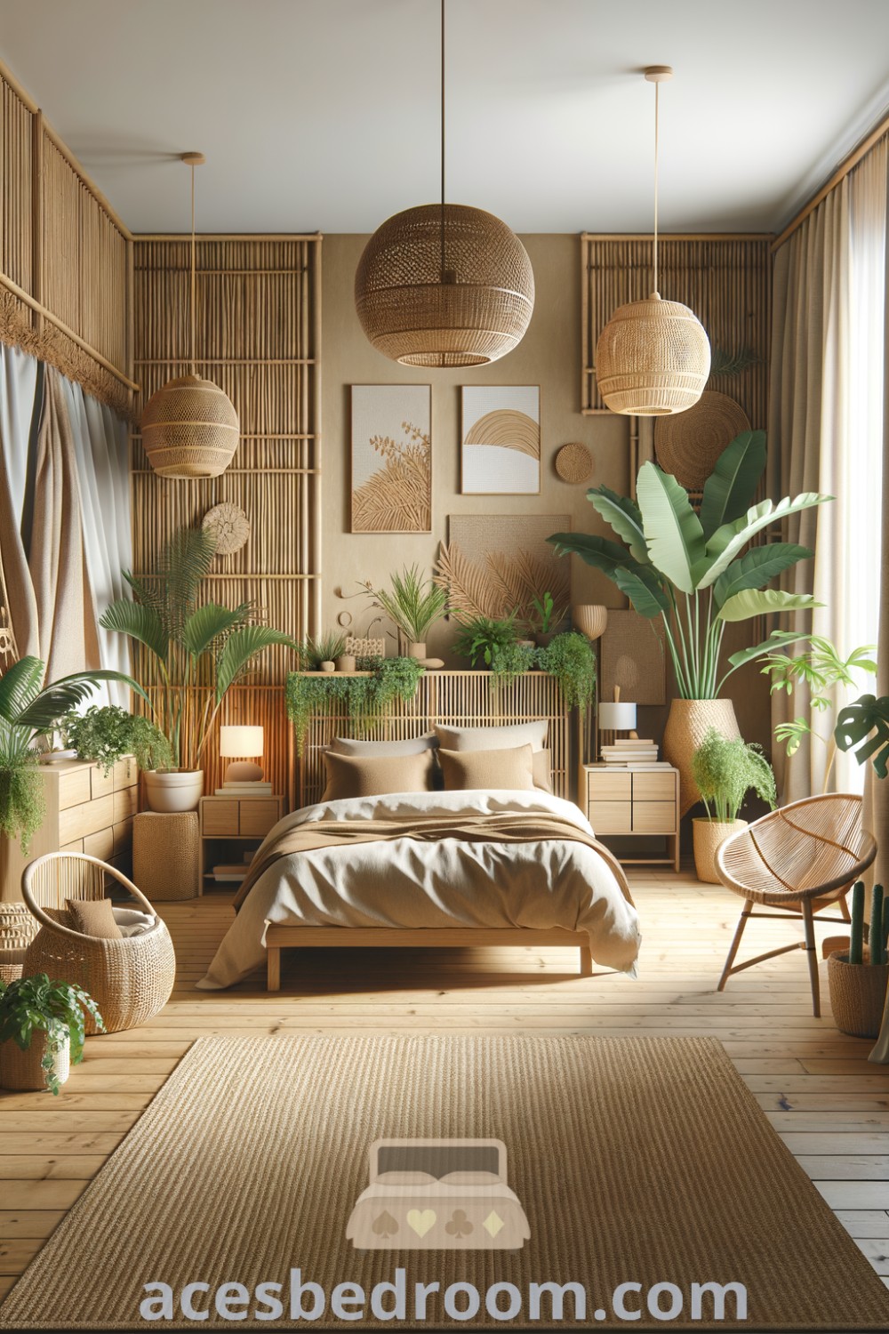 A cozy bamboo bedroom showcasing a woven headboard, wicker decor, and vibrant plants, blending natural elements for a warm and inviting atmosphere. This inspiring decor emphasizes bamboo bedroom ideas and trends, offering unique design ideas for your home at acesbedroom.com.