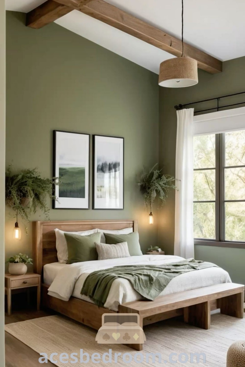 A serene bedroom with sage green walls and white bedding, complemented by two framed pictures above the bed, presenting cozy decor ideas and inspirations for your home. This sage green bedroom aesthetic embraces tranquility while offering stylish design tips at acesbedroom.com.