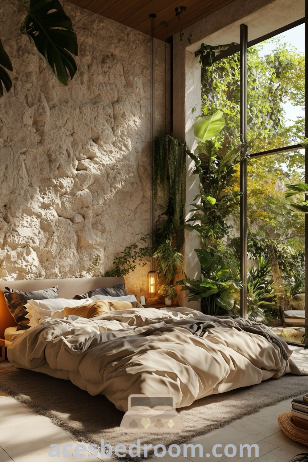 A biophilic bedroom showcasing stone walls, plants in the corner, and a large bed, reflecting modern eclectic interior design and calming bedroom decor. This cozy home environment offers unique ideas and inspiring design tips for creating a stylish haven. For more decor ideas, visit acesbedroom.com.