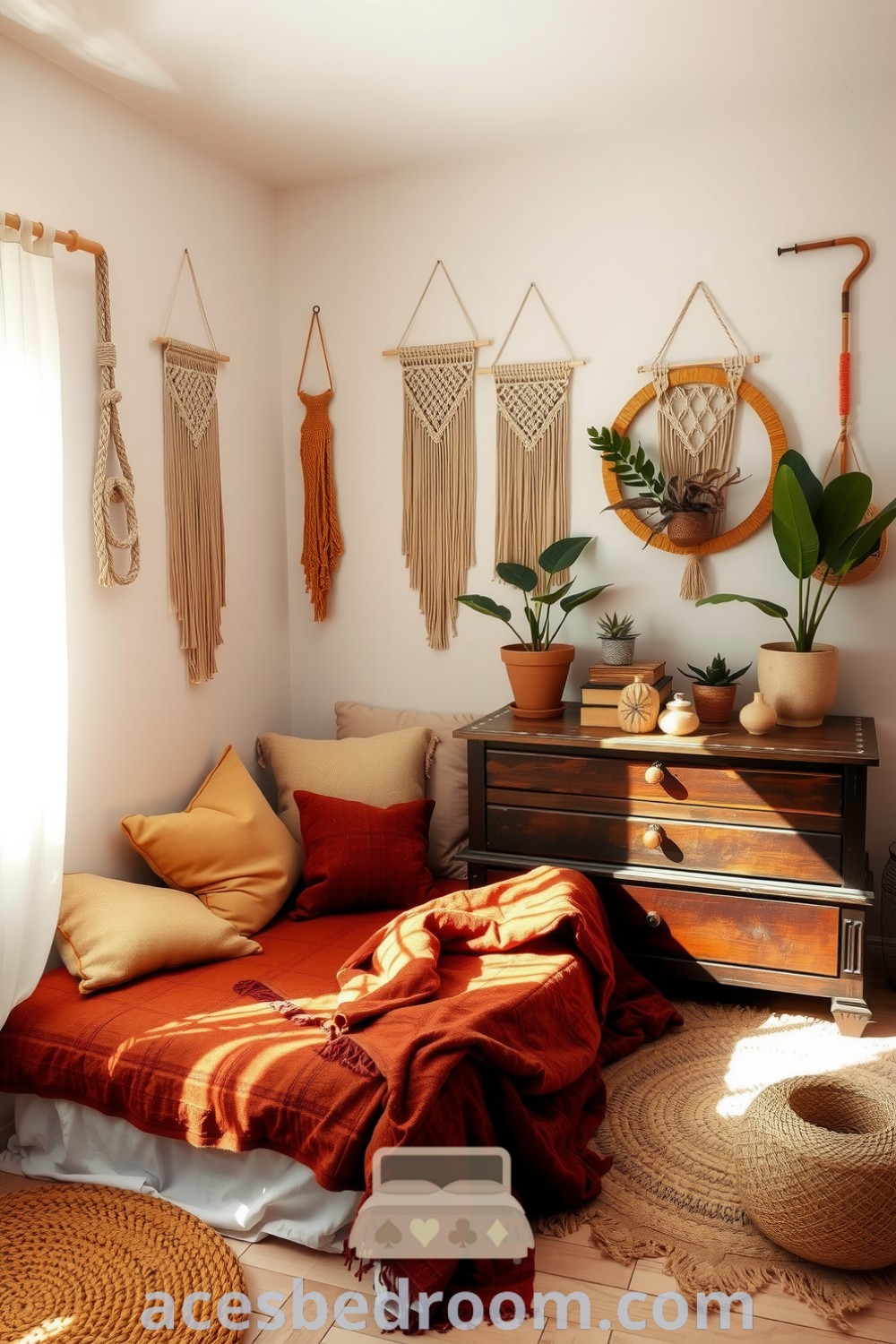 Cozy boho bedroom featuring white walls with macramé wall hangings, a low unmade bed with earthy hues, mismatched cushions, a rustic wooden dresser with potted plants, and soft sunlight filtering through sheer curtains, perfect for cozy aesthetics and decor inspiration, presented on acesbedroom.com.
