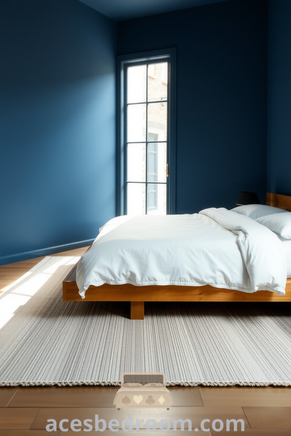Cozy blue bedroom featuring a natural wood platform bed with a white linen duvet, an off-white handwoven rug, and soft sunlight pouring through a large window, creating a tranquil and serene atmosphere for relaxation, highlighted on acesbedroom.com.