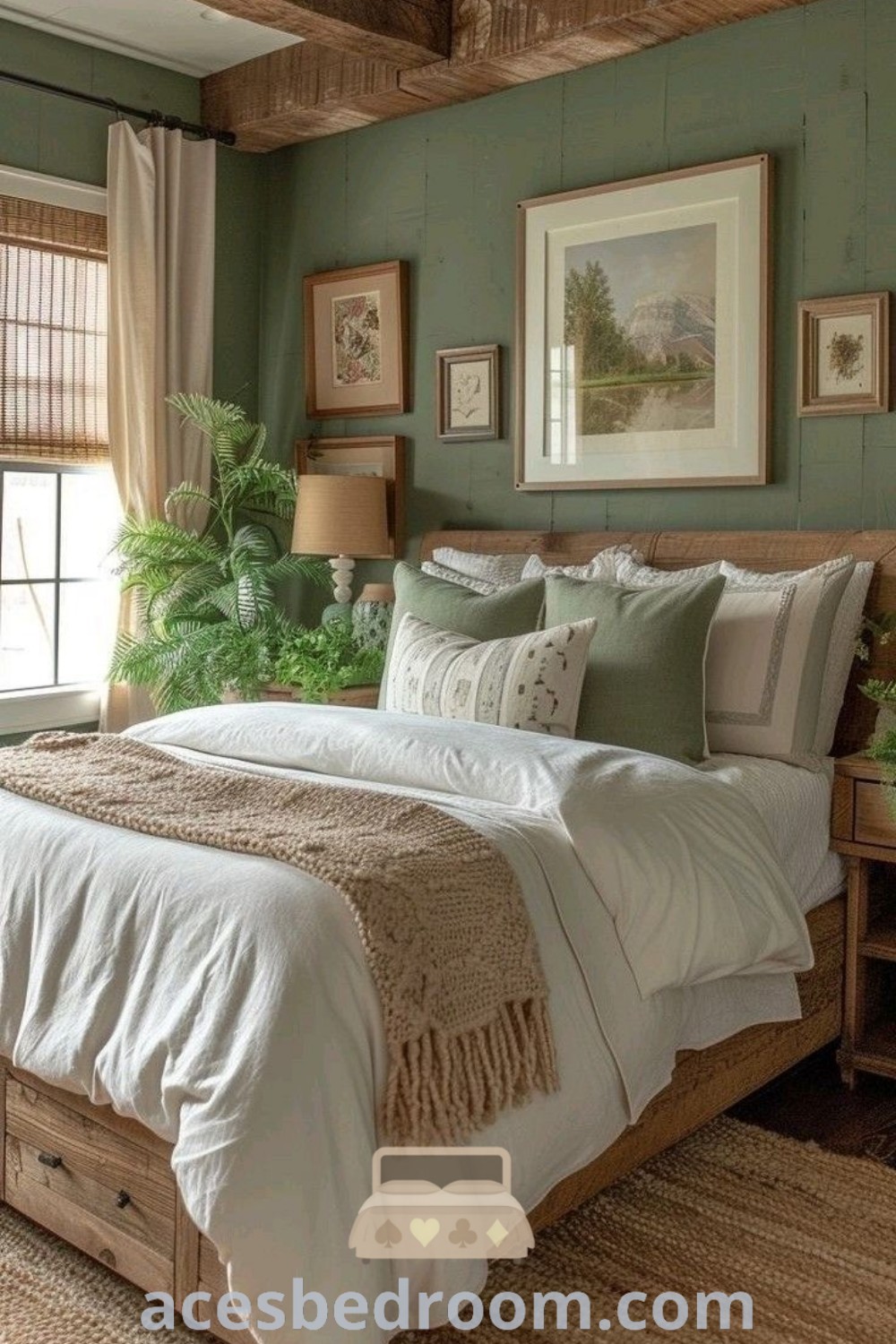 A cozy bedroom featuring a large bed with green walls and wooden beams, showcasing Adirondack and quirky cottage decor styles. This inviting space offers stylish design ideas and inspiring decor suggestions for a warm and sophisticated look. Discover more cozy home inspirations at acesbedroom.com.