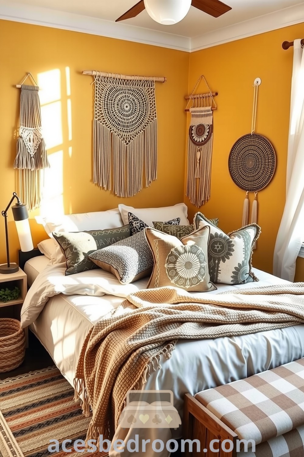 Cozy boho bedroom featuring soft yellow walls, overstuffed bed with textured blankets and colorful throw pillows, wooden accents, woven baskets, and macramé wall hangings for an inviting and serene atmosphere, showcased on acesbedroom.com.