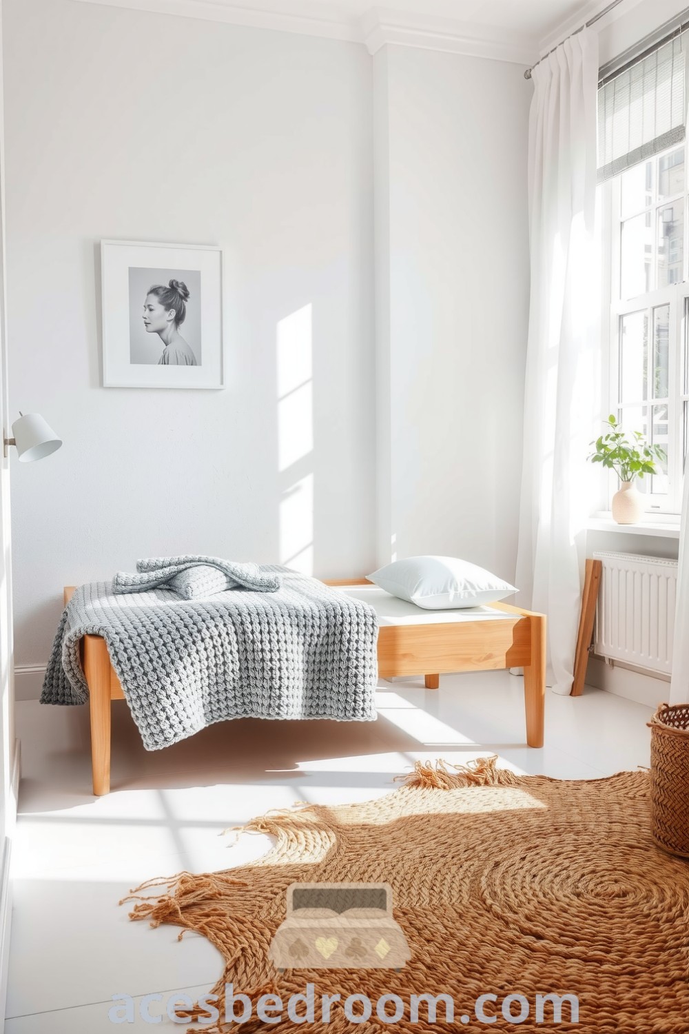 Cozy Scandinavian bedroom featuring a light color palette, wood bed frame with gray knit blanket, rattan rug, and a serene atmosphere enhanced by sunlight filtering through sheer curtains, ideal for cozy home design ideas on acesbedroom.com.